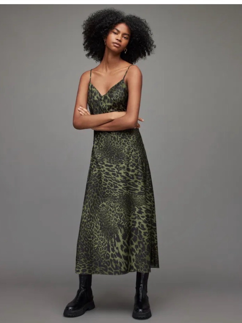 All Saints Tiana Kiku Olive Green and Black Animal Print Slip Dress